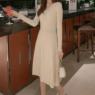 V-neck Long-sleeve Ribbed A-line Dress