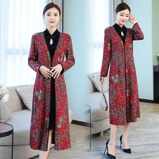 Set: Knit Long Coat + Sleeveless Midi Qipao Dress