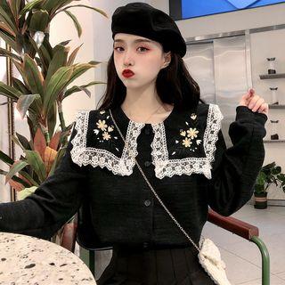 Embroidered Long-sleeve Loose-fit Blouse As Figure - One Size