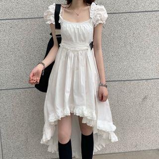 Balloon-sleeve Lace Trim High-low A-line Dress White - One Size