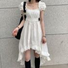 Balloon-sleeve Lace Trim High-low A-line Dress White - One Size