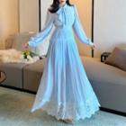 Long-sleeve Pleated A-line Maxi Dress