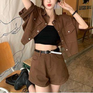 Short-sleeve Pocket Detail Denim Shirt / Shorts / Lettering Faux Leather Belt / Set