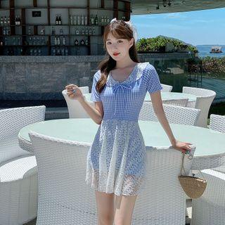 Short-sleeve Lace Panel Plaid Swimdress