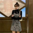 Set: Long-sleeve T-shirt + Zebra Print Mini Overall Dress