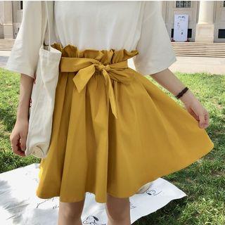 High Waist Bow Accent Smocked A-line Skirt