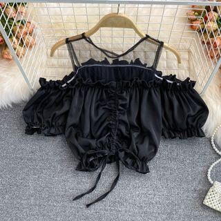 Mesh Panel Cold Shoulder Crop Blouse