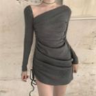 Asymmetric Long-sleeve Drawstring A-line Dress Gray - One Size