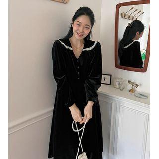Long-sleeve Collar Velvet Midi A-line Dress