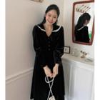 Long-sleeve Collar Velvet Midi A-line Dress