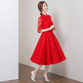 Elbow Sleeve Mandarin Collar A-line Lace Cocktail Dress