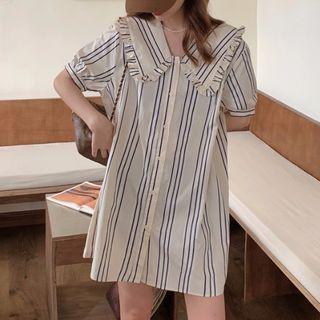 Short-sleeve Collared Striped Blouse