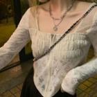Long-sleeve Zip-up Lace Top White - One Size