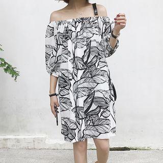Elbow-sleeve Off-shoulder Pattern A-line Dress