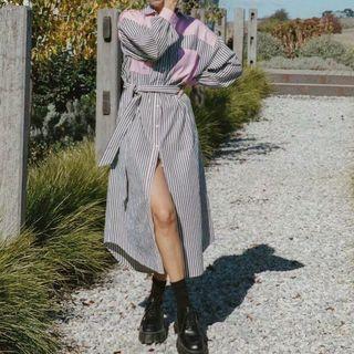 Long-sleeve Two Tone Striped Midi Shirtdress