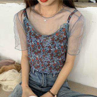 Set: Short-sleeve Mesh Top + Floral Spaghetti Strap Top