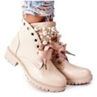 Faux Pearl Rhinestone Block Heel Lace Up Short Boots