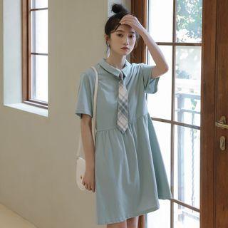 Short-sleeve Plain Mini Dress With Plaid Tie