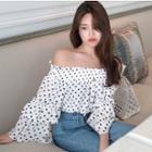 Off-shoulder Long Bell-sleeve Dotted Blouse White - One Size