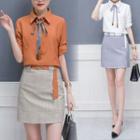 Set: Tie Neck Blouse + Plaid A-line Skirt