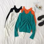 Ruched Front Cutout Shoulder V-neck Knit Top