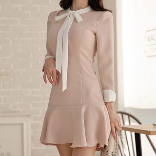 Long-sleeve Bow Accent Mini Ruffle Trim Dress