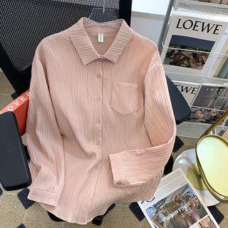 Long-sleeve Plain Ribbed Loose Fit Shirt