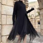 Mock-neck Long-sleeve Knit Top / Mesh A-line Skirt