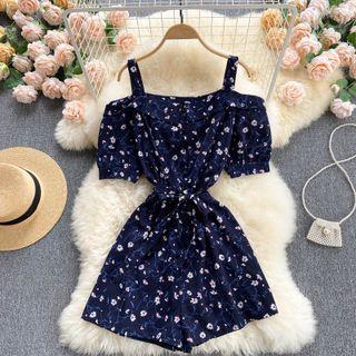 Off-shoulder Suspender Floral Playsuit