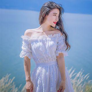 Elbow-sleeve Off-shoulder Maxi A-line Dress