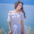 Elbow-sleeve Off-shoulder Maxi A-line Dress