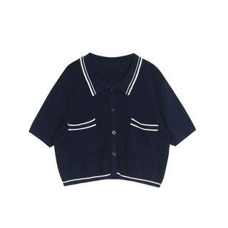 Short-sleeve Contrast Trim Cardigan Navy Blue - One Size