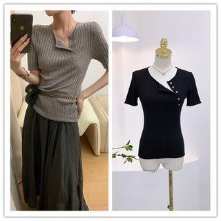 Short Sleeve Asymmetrical Henley Knit T-shirt