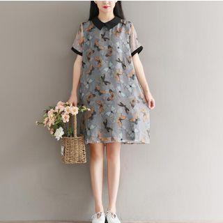 Short Sleeve Butterfly Print Sheer Chiffon Dress