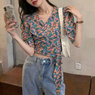 Short-sleeve Floral Print Blouse Red Flower - Blue - One Size