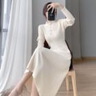 Long-sleeve High-neck Plain Ruffle Trim Knit Midi Dress