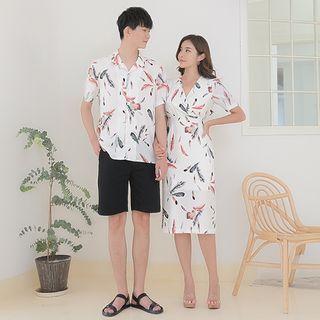 Couple Matching Short-sleeve Feather Print Midi Sheath Dress / Hawaiian Shirt / Shorts