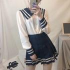 Sailor Collar Shirt / Striped Pleated A-line Skirt