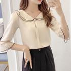 Elbow-sleeve Frill Trim Faux Pearl Blouse