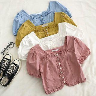 Plain Square-neck Single-breasted Ruffled-trim Short-sleeve Blouse