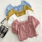 Plain Square-neck Single-breasted Ruffled-trim Short-sleeve Blouse