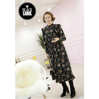 Sharp-shoulder Floral Print Dress