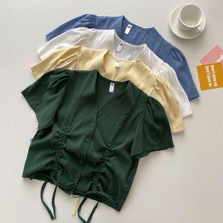 Short-sleeve V-neck Lace-up Blouse