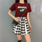 Picture Printed Short-sleeve T-shirt / Color-block Argyle High-waist Shorts