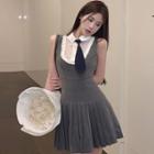 Set: Sleeveless Paneled A-line Dress + Neck Tie