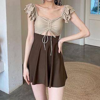 Ruffle Trim Drawstring Two-tone Swimdress