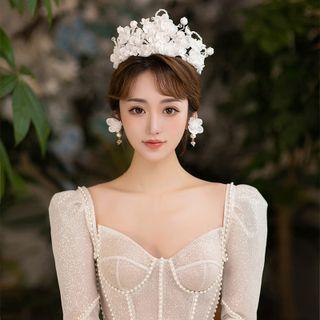 Set: Faux Pearl Fabric Wedding Headband + Earring Wedding Headband & Earring - White - One Size