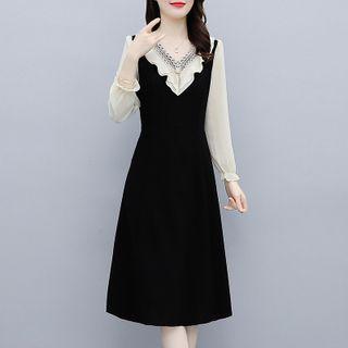Bell-sleeve Ruffled Two-tone A-line Dress
