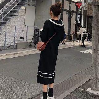 Hooded Contrast Trim Long-sleeve Midi Knit Dress