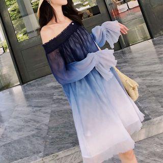 Gradient Off-shoulder Long-sleeve A-line Dress